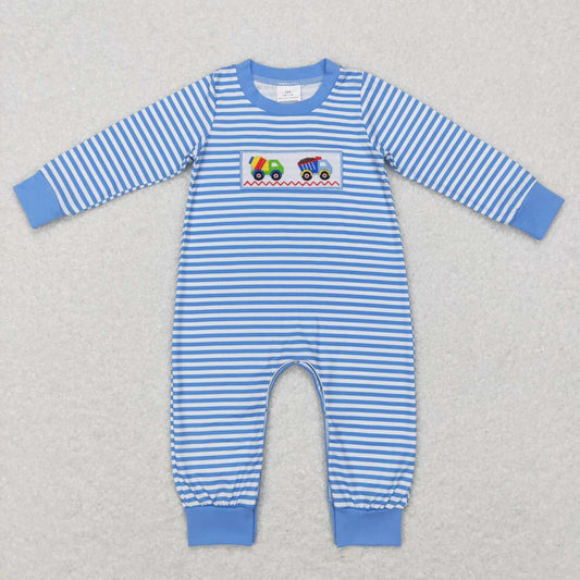 Blue Stripe Embroidery Car Baby Boy Romper