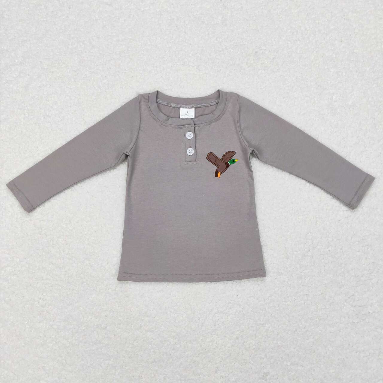 Grey Embroidery Duck Print with buttons Long Sleeve Shirt