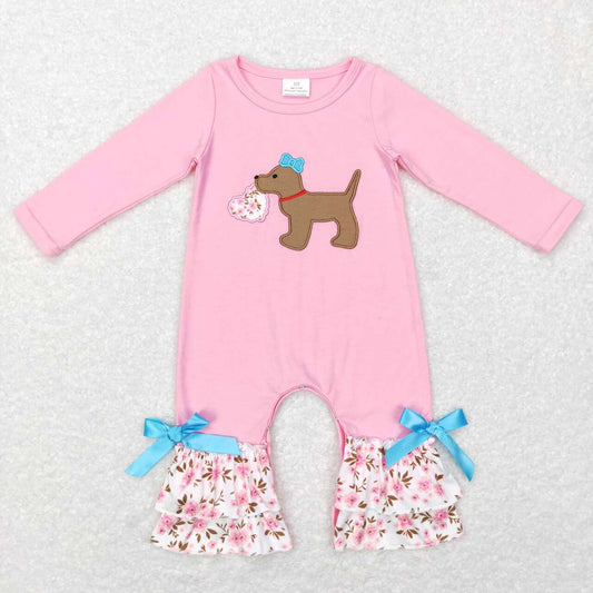 Pink Valentine's Day  Embroidery Dog floral Long Sleeve Baby Romper