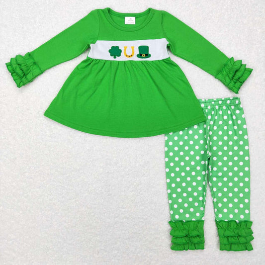 st patrick Day Green embroidery lucky leggings Pants Girls Set