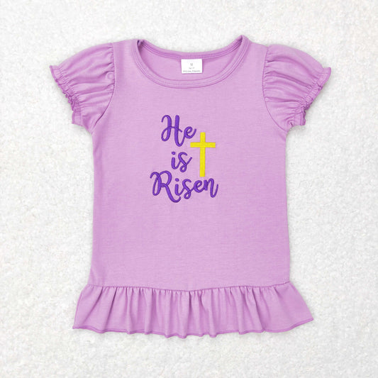 Easter Embroidery Purple He is Risen cross Short Shirt