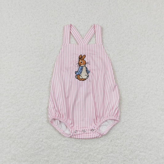 Easter Embroidered Pink Stripe Bunny Baby Romper