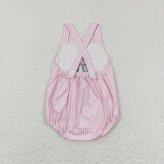 Easter Embroidered Pink Stripe Bunny Baby Romper