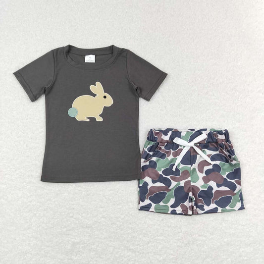 Easter Grey Embroidery Bunny Camo Boy Suit Summer Set