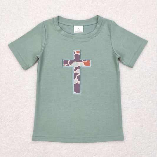 Easter Embroidery Green Camo cross Short Shirt