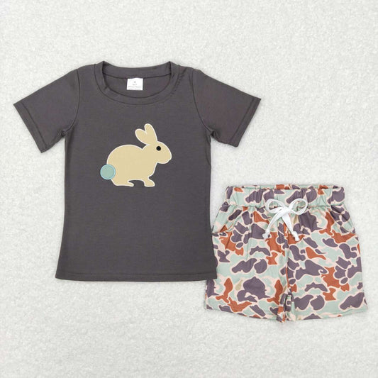 Easter Grey Embroidery Bunny Camo Boy Suit Summer Set 02