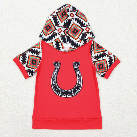 Western Red Print Yellow Short Sleeve hooded