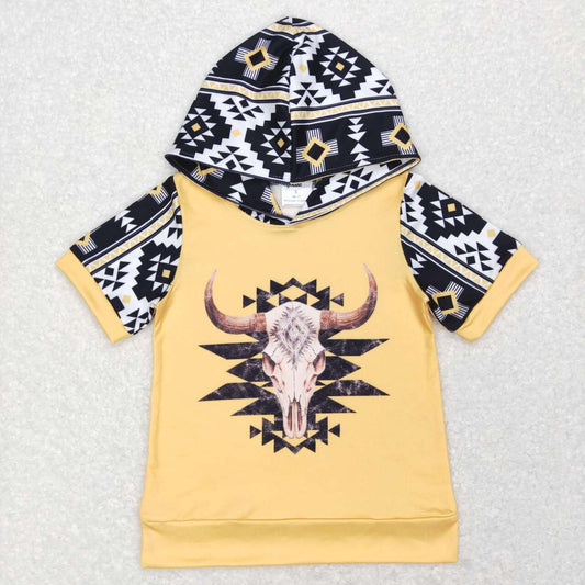 Western Yellow Cow Print Short Sleeve hooded