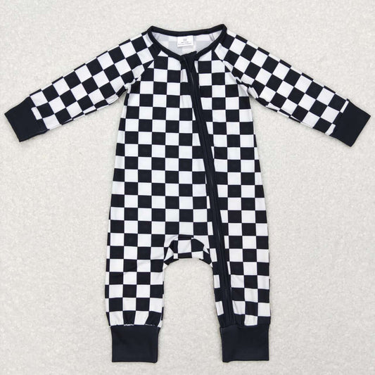 black and white plaid Print Zipper Romper