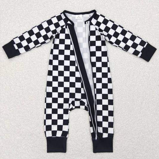 black and white plaid Print Zipper Romper