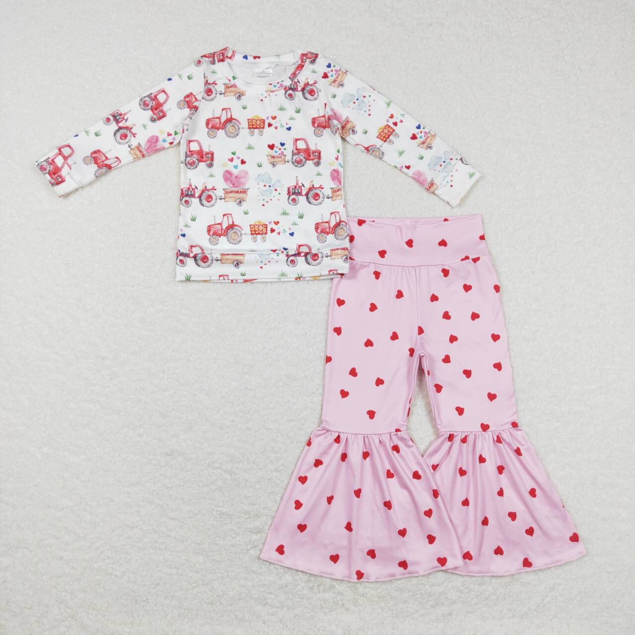 Valentine day's Car Heart Long Sleeve Shirt Pink Bell Pants Set