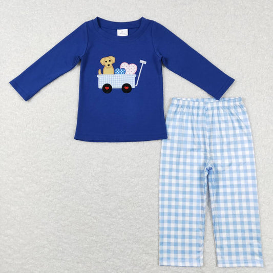 Valentine's Day Blue Dog Plaid Car Print Boy Set