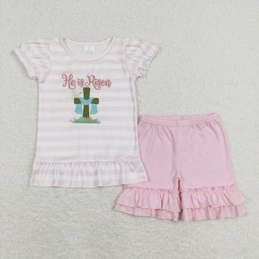 Easter Embroidery Pink He is Risen cross Girls Outfits Set