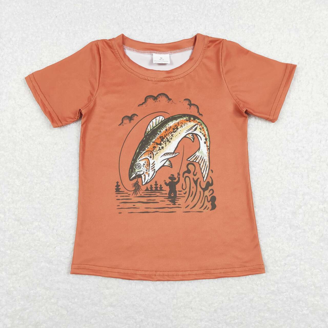 Orange Going Fish Print Short Sleeve Shirt