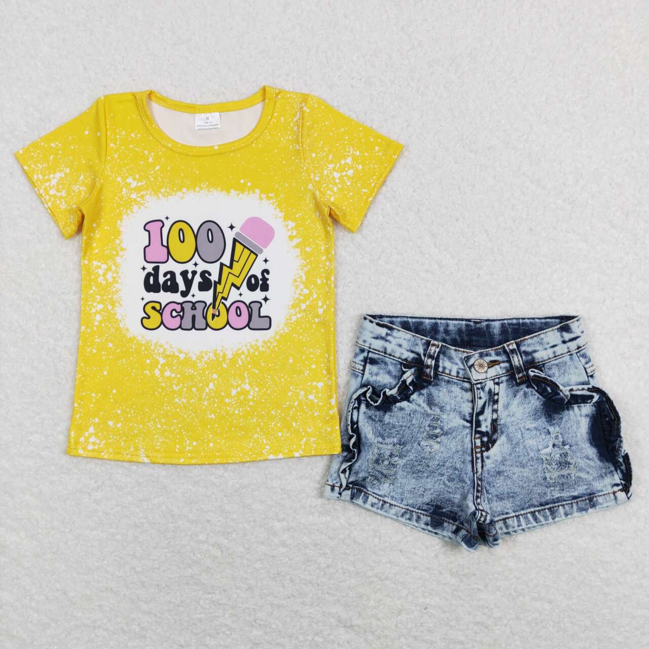 Yellow 100 Pencil Print Short Sleeve Shirt jeans Short Outfits