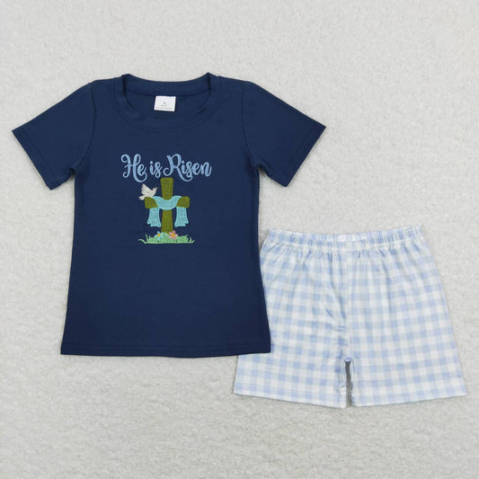 Navy cross embroidery Print Plaid Short Sleeve Boy Set