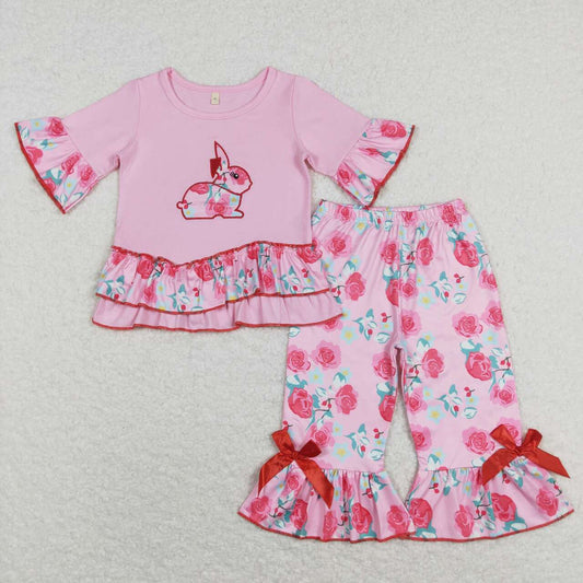 Easter Bunny embroidery Pink floral Girls Outfits Set