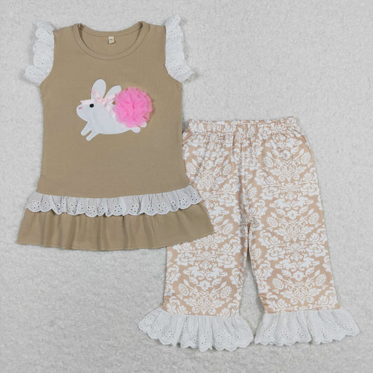 Easter Bunny embroidery floral Girls brown Outfits Set