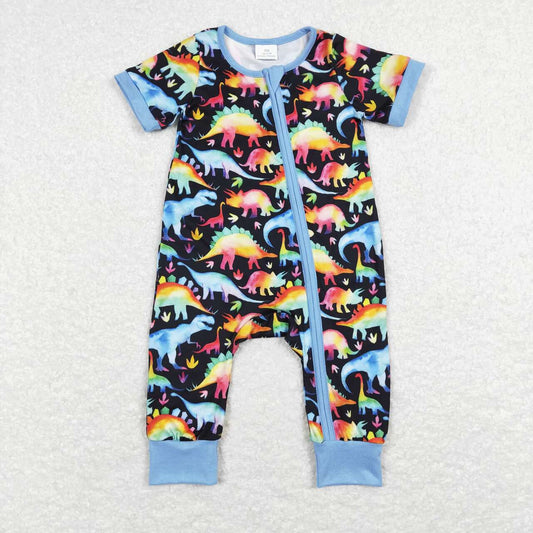 Blue Dinosaur Print Zipper Romper