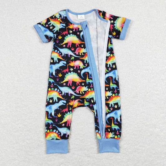 Blue Dinosaur Print Zipper Romper