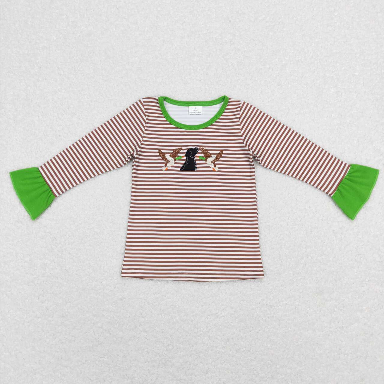 Dark Stripe Embroidery Duck Print Long Sleeve Girls Shirt