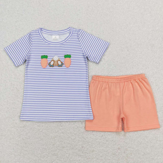 Easter Embroidered Blue Stripe carrot Short Boy Set