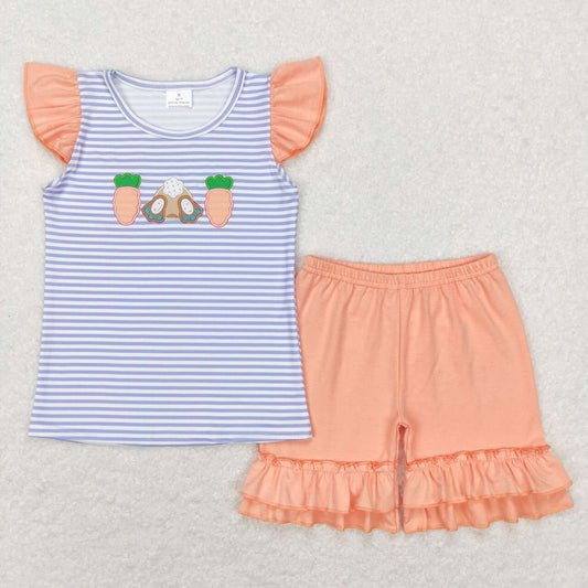 Easter Embroidered Blue Stripe carrot Short Girls Set