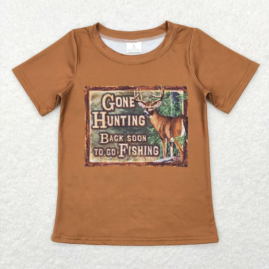 brown GONE Hunting Print Cartoon Short Shirt