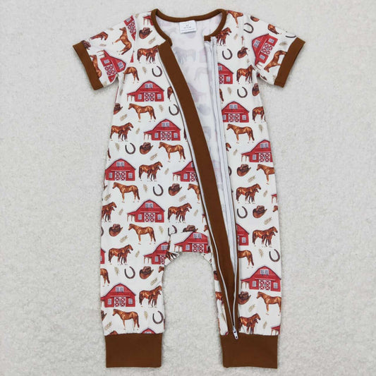 Red farm horse Print Zipper Romper