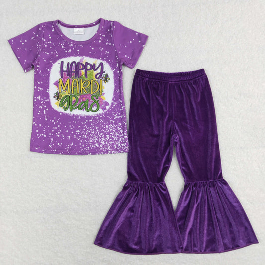 Happy Mardi Gras Shirt Purple Velvet Bell Pants Jeans