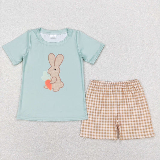 Easter Bunny embroidery Plaid Short Boy Set