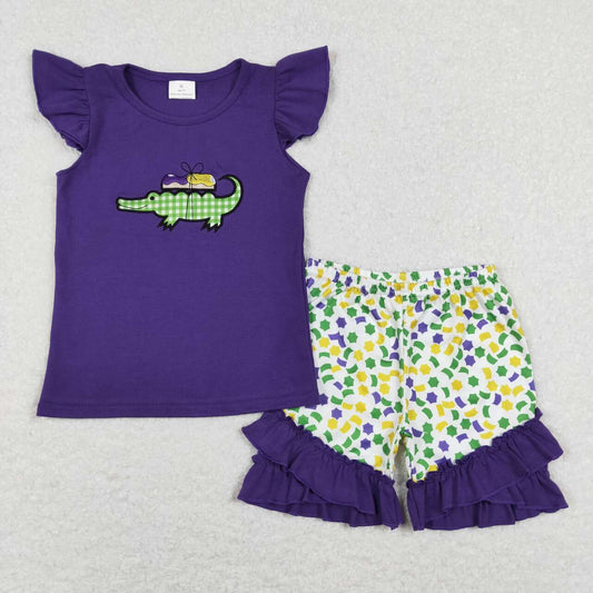 Mardi Gras Embroidered Purple Crocodile Girls Suit