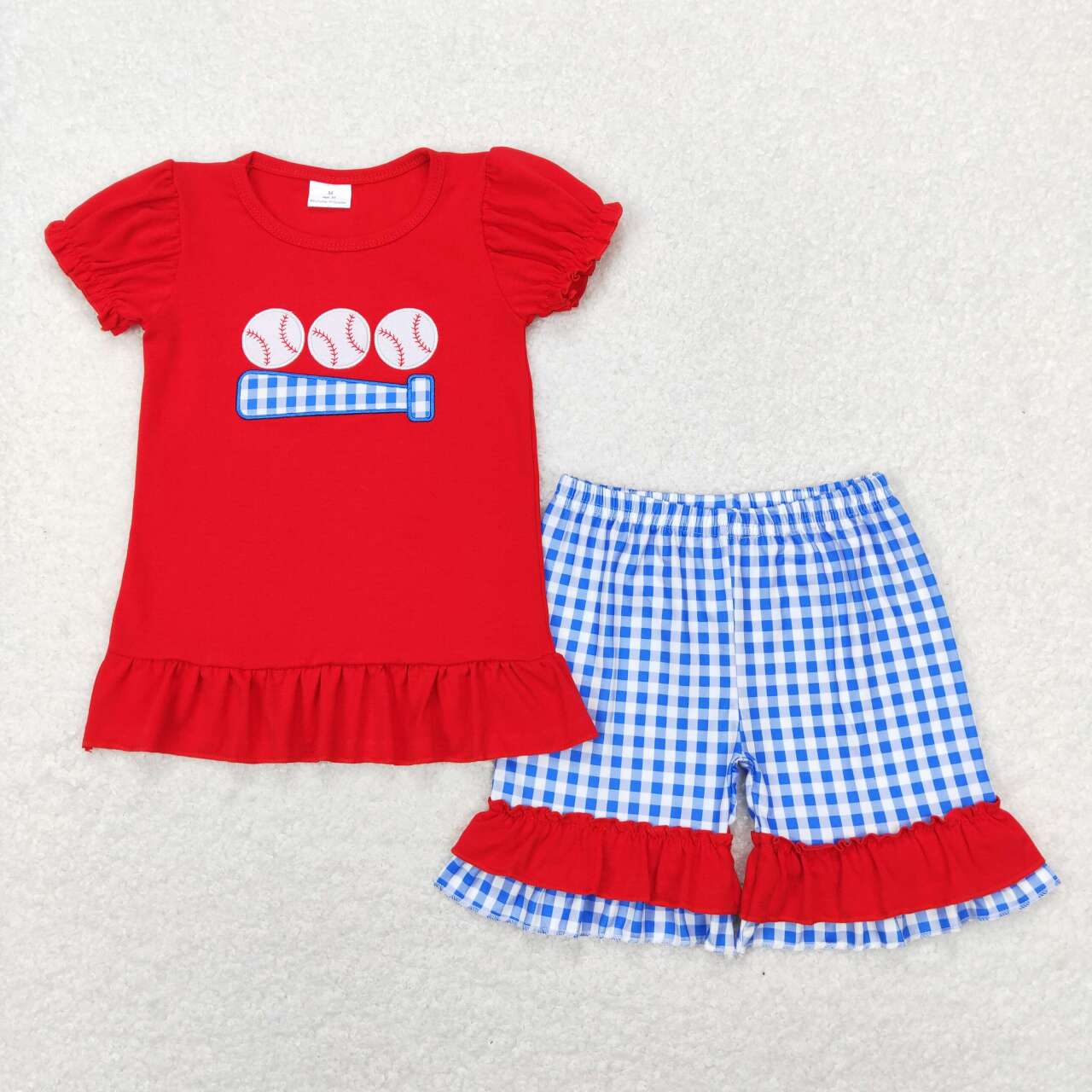 Embroidered Red Baseball Plaid Girls Set