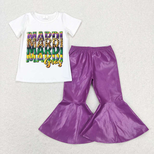 Mardi Gras Letter Purple leather Girls Bell Bottom Set