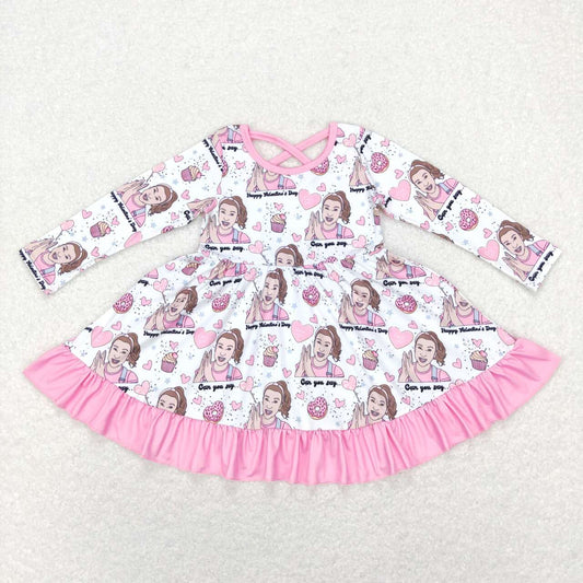 Valentine’s day Pink Cartoon Dog Long Sleeve Girls Dress