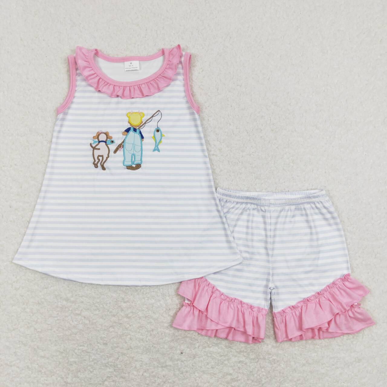 Pink GO fishing embroiderey Stripe Girls Set