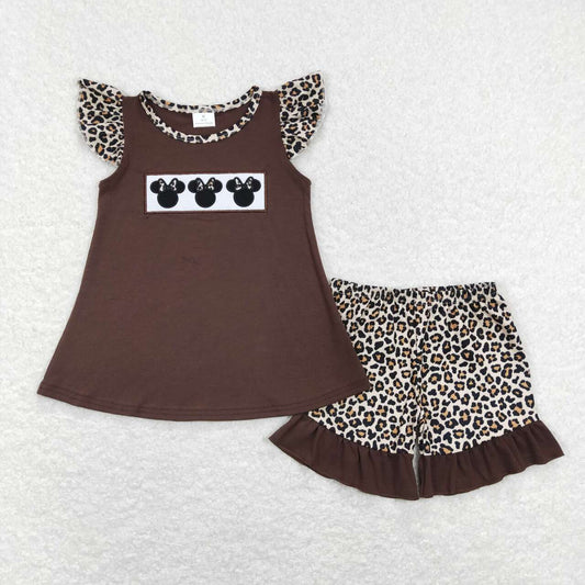 brown embroidery Leopard Cartoon Girls Set