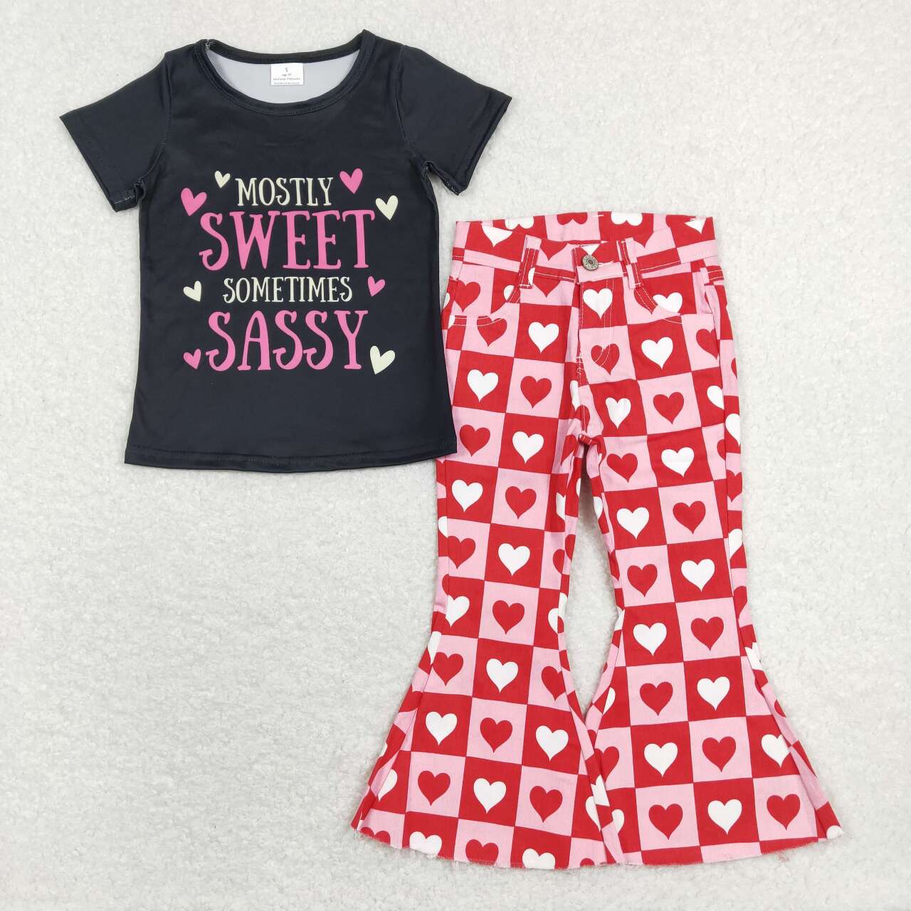 Black SWEET SASSY Print Cartoon Short Shirt Pink Heart Pants Jeans