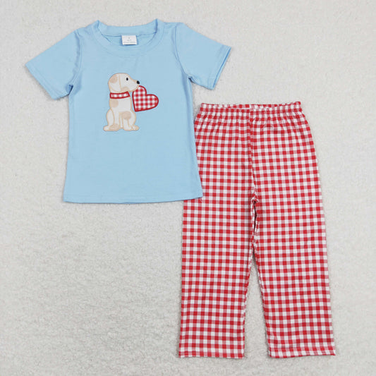 Embroidered Valentine‘s day Blue Dog Red Plaid Print Boy Set