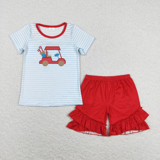 Embroidered Blue Stripe Car Short Girls Set