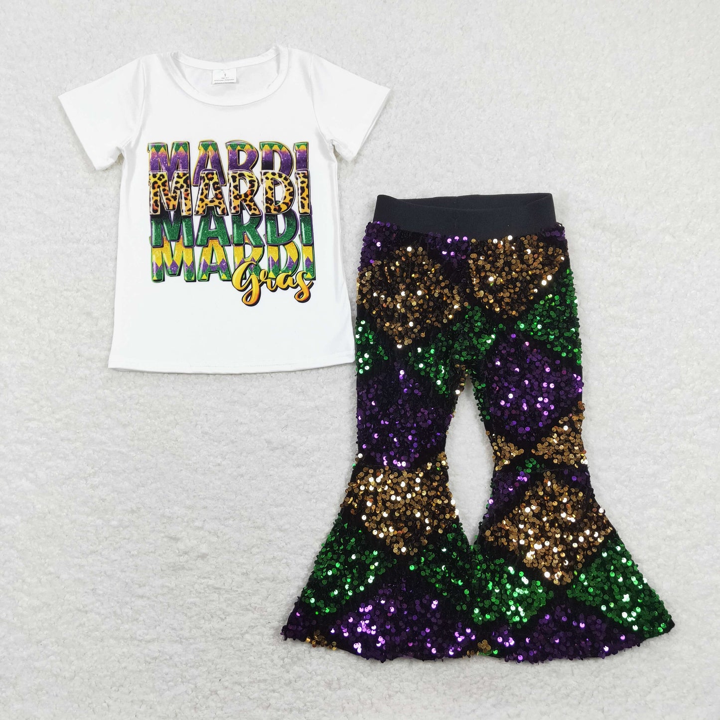 Happy Mardi Gras White Print Short Shirt Purple sequin Bell Pants Jeans