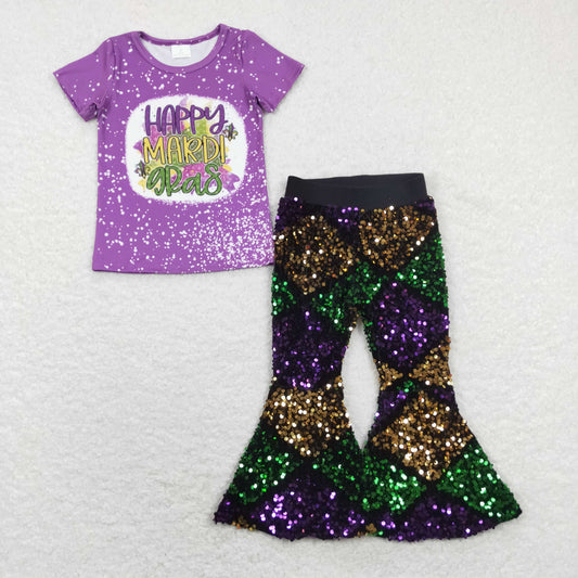 Happy Mardi Gras Purple Print Short Shirt Purple sequin Bell Pants Jeans