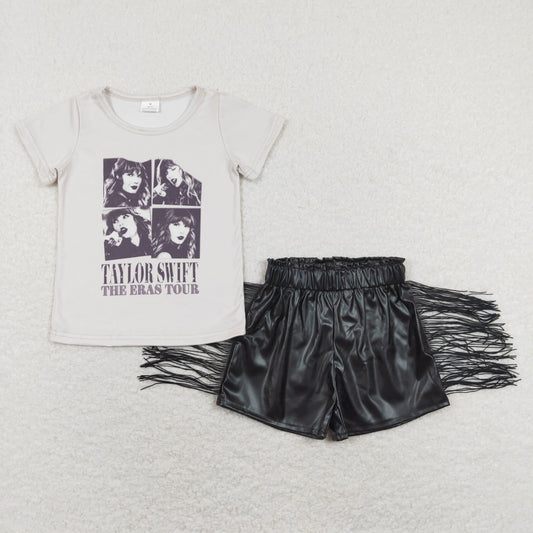 Black Letter Print Shirt Black Tassel leather Girls Short Summer Girls Set