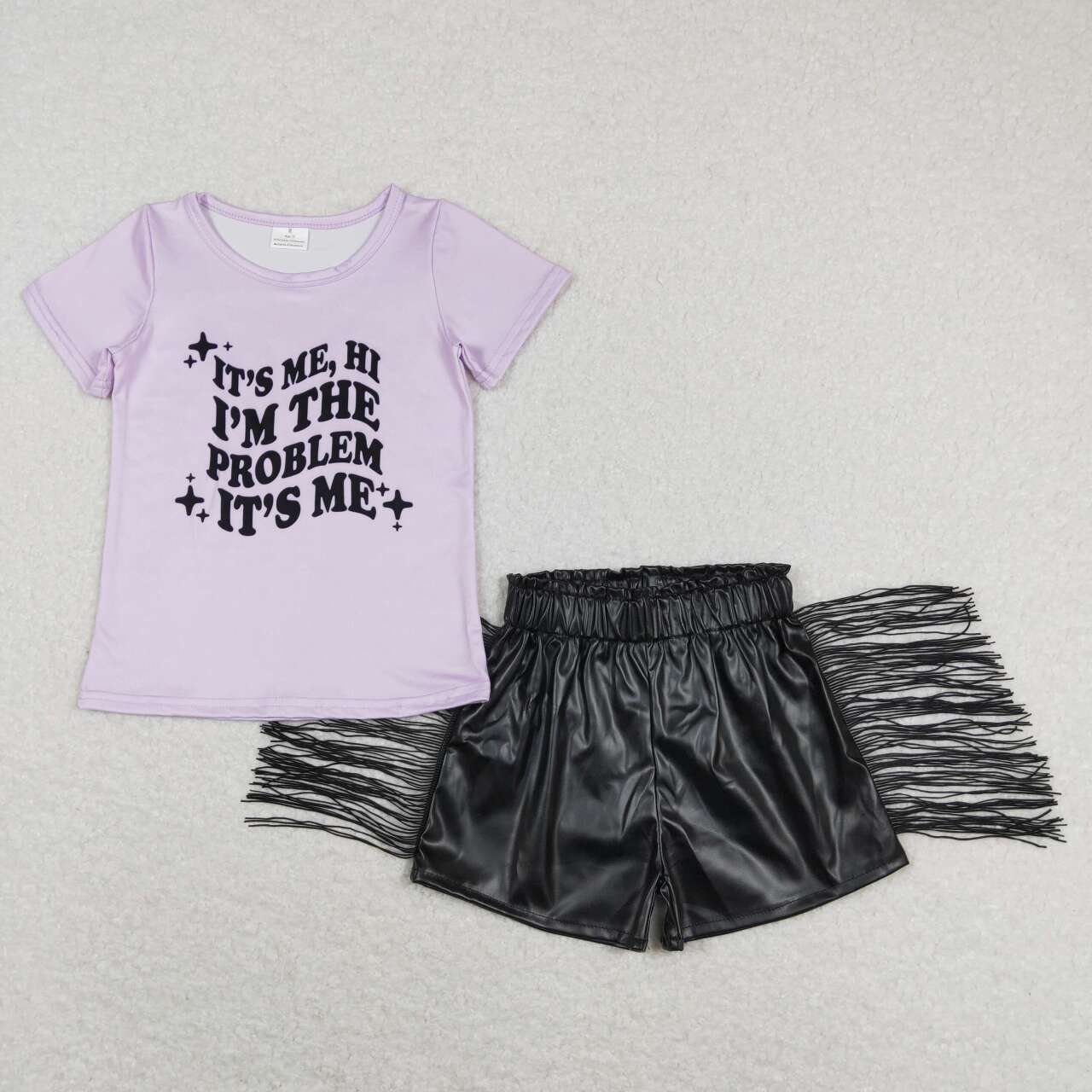 Purple Letter Print Shirt Black Tassel leather Girls Short Summer Girls Set