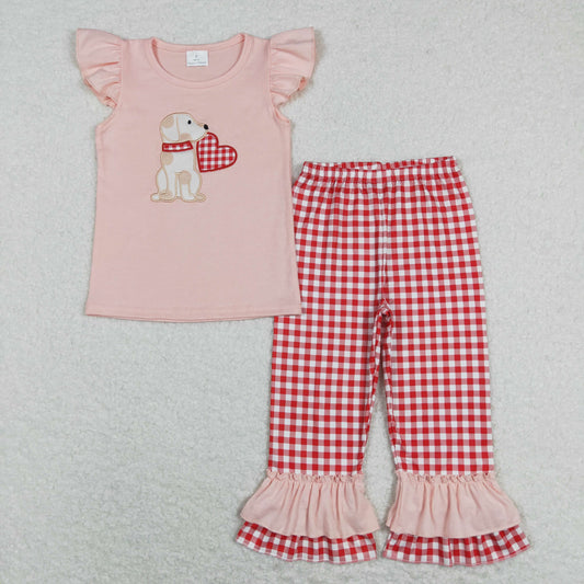 Embroidered Valentine’s day Dog Red Plaid Girls Set