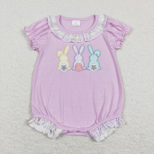 Embroidered Easter Purple Bunny Embroidered Plaid Girls Baby Romper