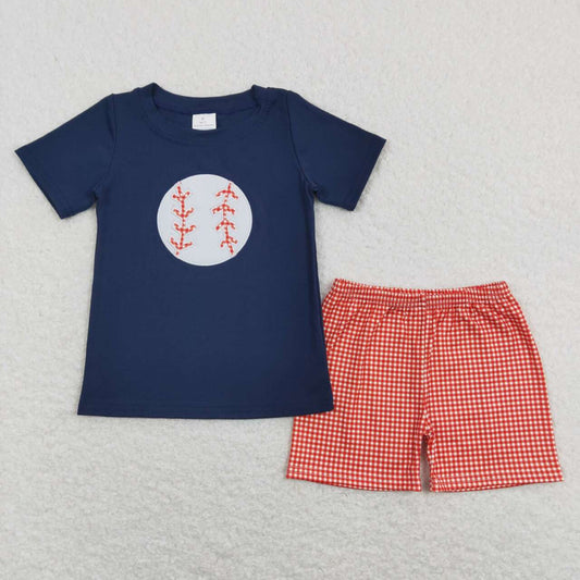 Embroidered Navy Baseball Red Plaid Short Sleeve Boy Set