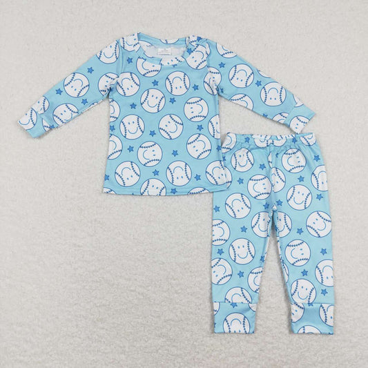 Blue Smile Baseball Print Long Sleeve Pajamas