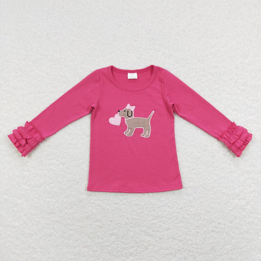 Embroidery Valentine Day's Pink Dog Girls Long Sleeve Shirt