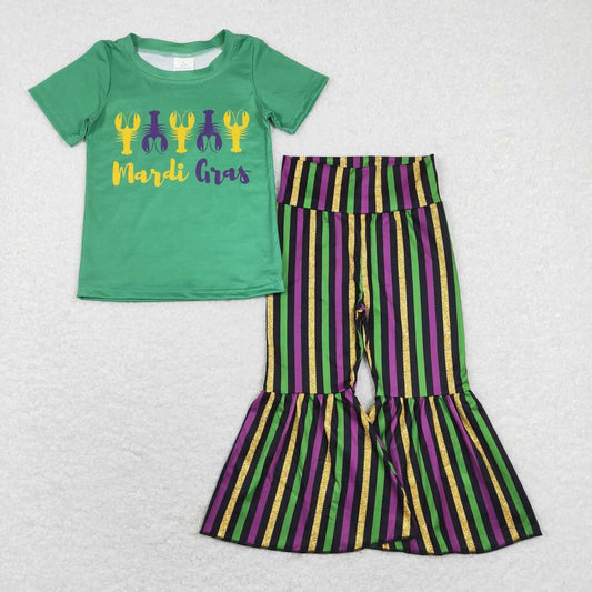 Happy Mardi Gras Green Print Stripe Bell Pants Girls Set